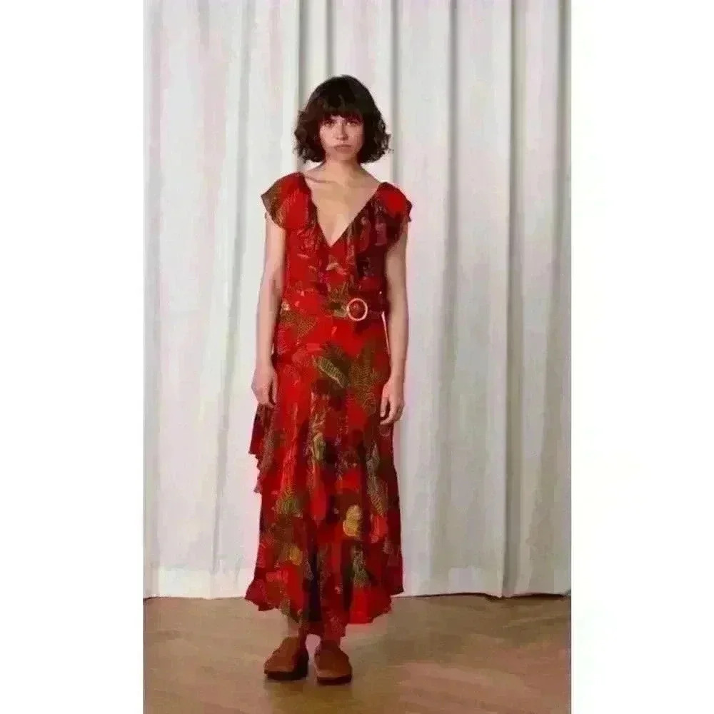 FARM Rio Red Floral Midi Dress with Green & Yellow Accents